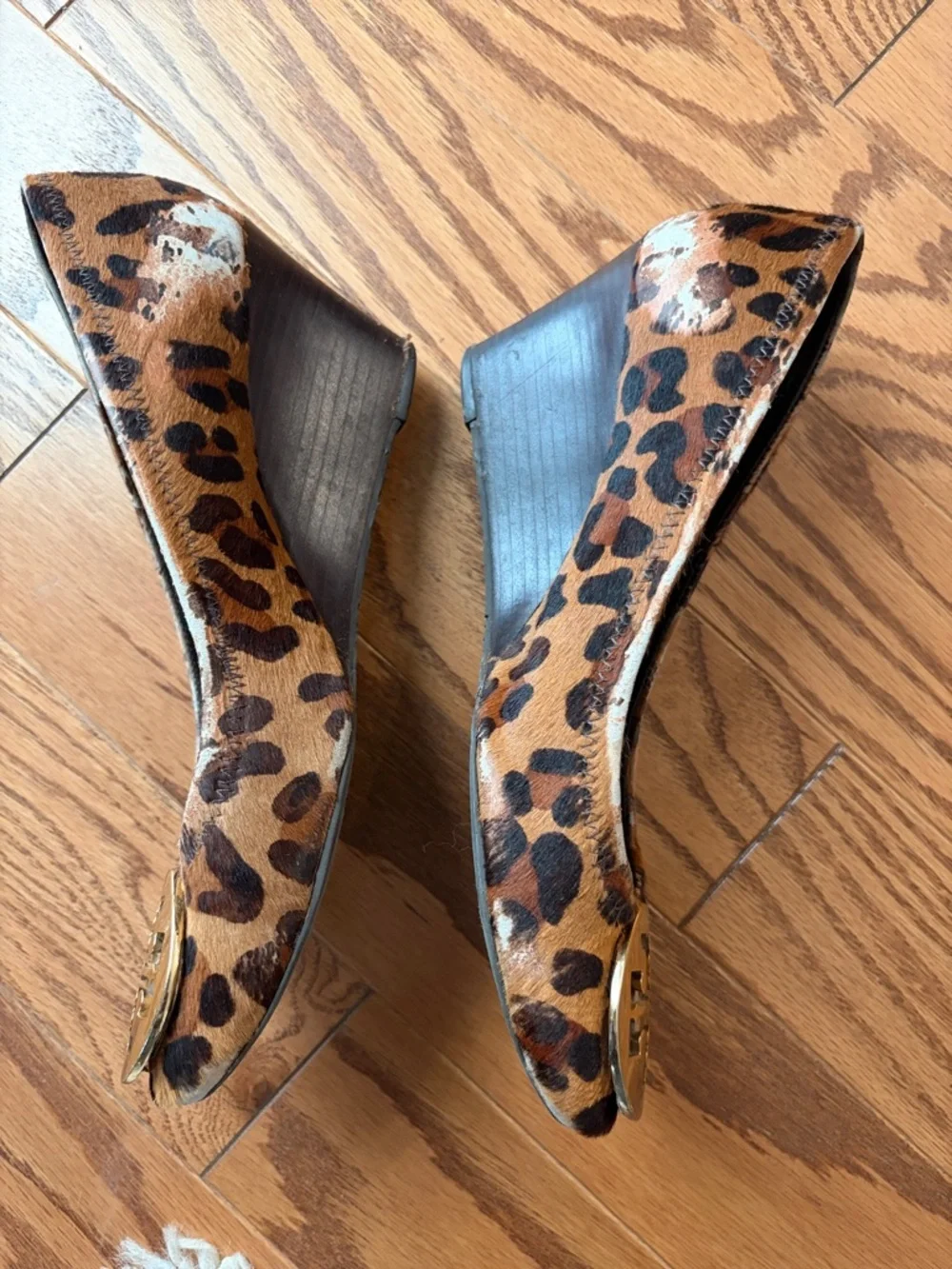 Tory Burch Leopard Print wedges with Gold Logo